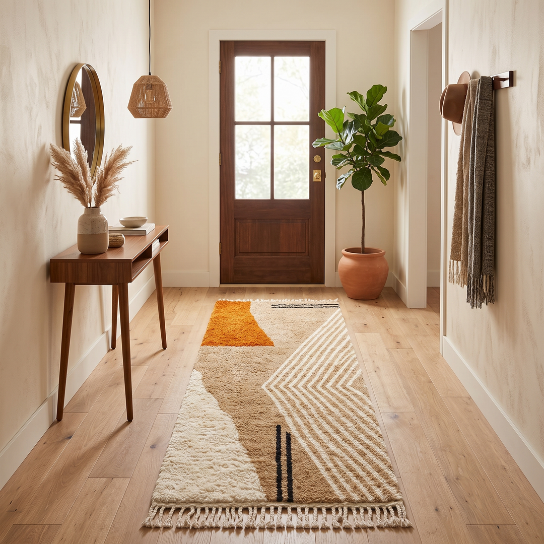 Modern Moroccan runner rug in natural wool with abstract earth tone design