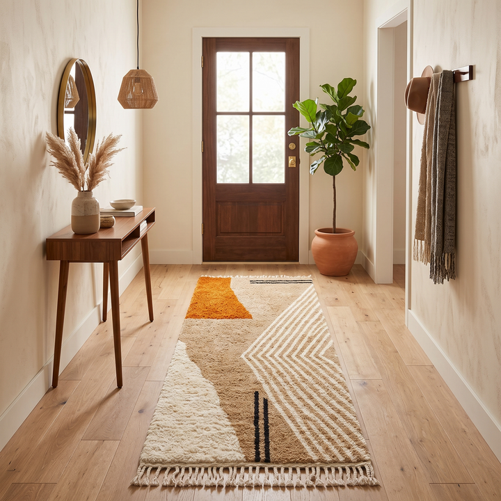 Modern Moroccan runner rug in natural wool with abstract earth tone design