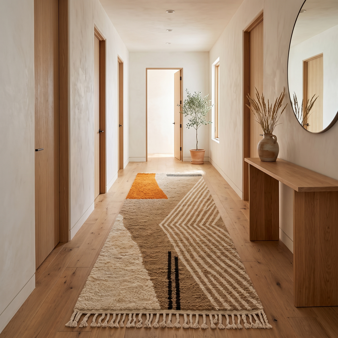 Modern Moroccan runner rug in natural wool with abstract earth tone design