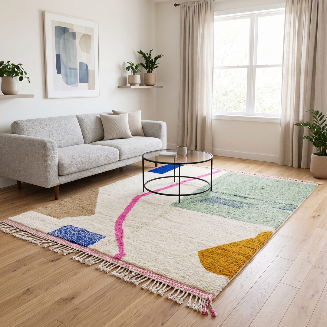 Beni Ourain Moroccan wool rug with cream background and colorful diamond motifs, handmade by Berber artisans