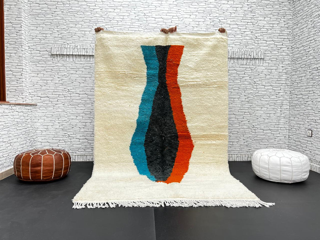 Modern Moroccan Wool Rug – Beige with Blue, Black & Orange Art Design