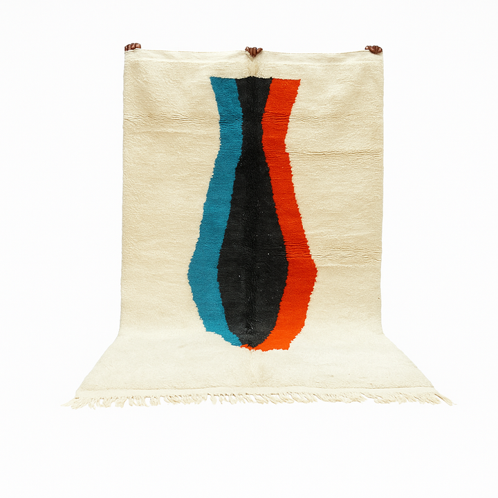 Modern Moroccan Wool Rug – Beige with Blue, Black & Orange Art Design