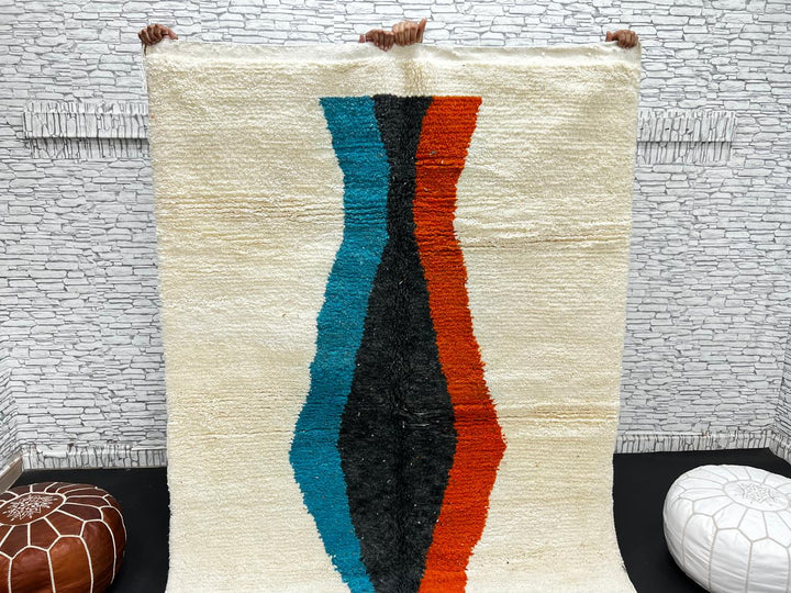 Modern Moroccan Wool Rug – Beige with Blue, Black & Orange Art Design