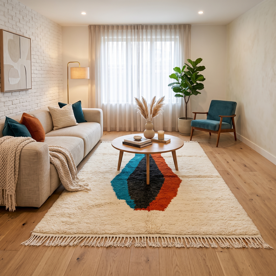 Beige Moroccan wool rug with central abstract design in blue, black, and orange, handmade by Berber artisans
