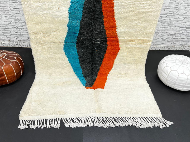 Modern Moroccan Wool Rug – Beige with Blue, Black & Orange Art Design