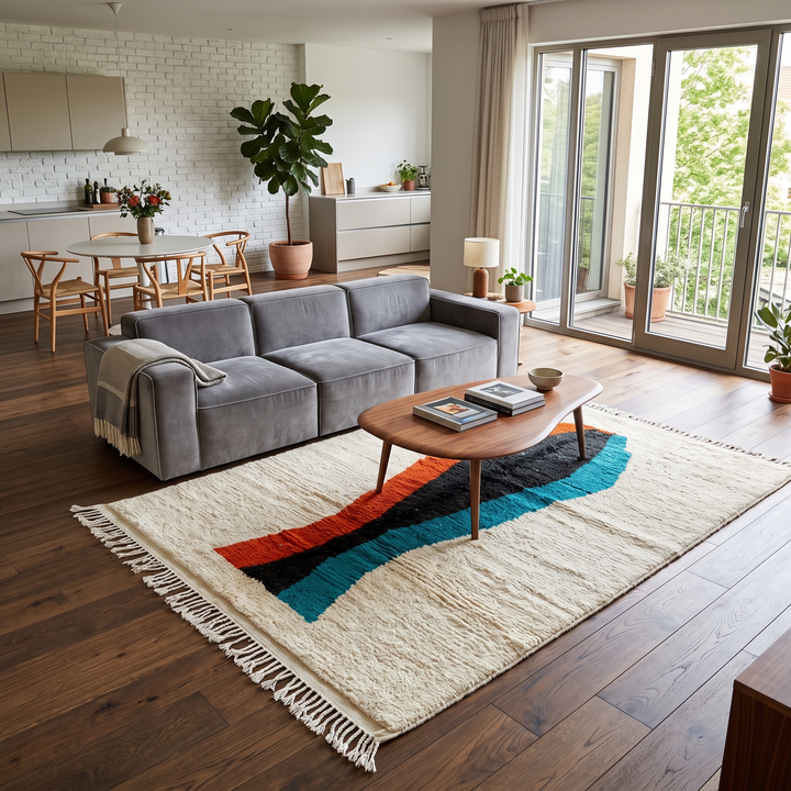 Beige Moroccan wool rug with central abstract design in blue, black, and orange, handmade by Berber artisans