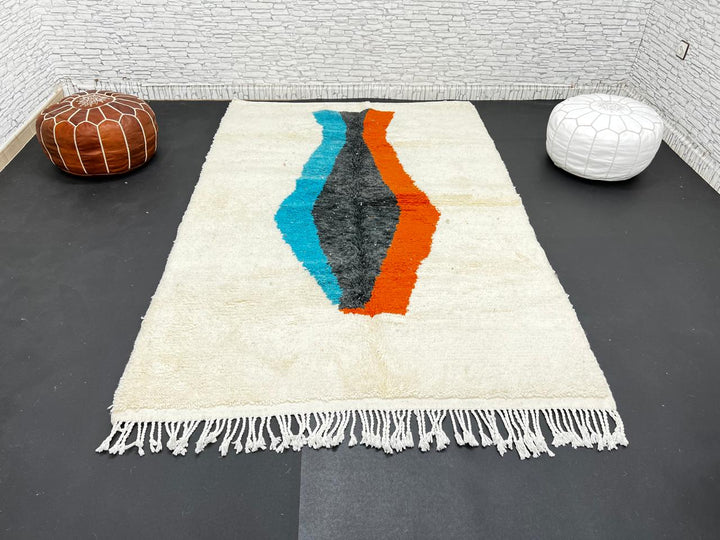 Modern Moroccan Wool Rug – Beige with Blue, Black & Orange Art Design
