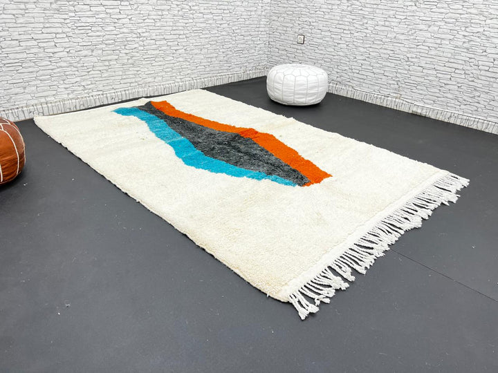 Modern Moroccan Wool Rug – Beige with Blue, Black & Orange Art Design