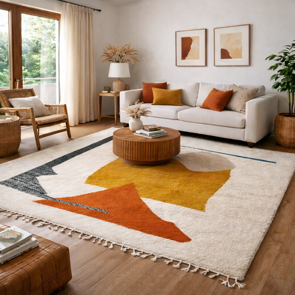 Handmade modern Moroccan wool rug in cream with mustard yellow and terracotta geometric Berber design, plush shag texture with tassels