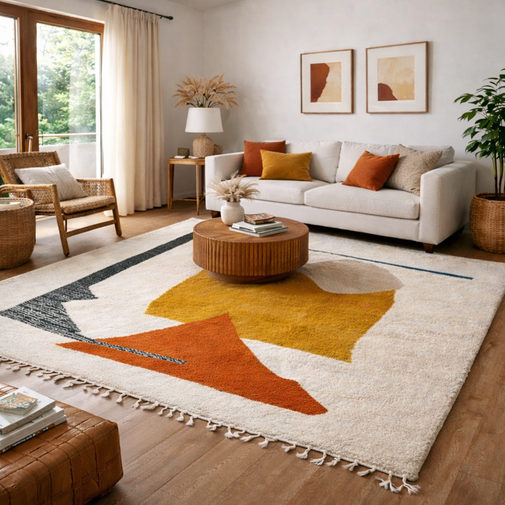 Handmade modern Moroccan wool rug in cream with mustard yellow and terracotta geometric Berber design, plush shag texture with tassels