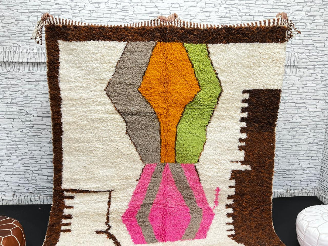 Modern Moroccan Wool Rug – Brown, Pink & Orange Abstract Design