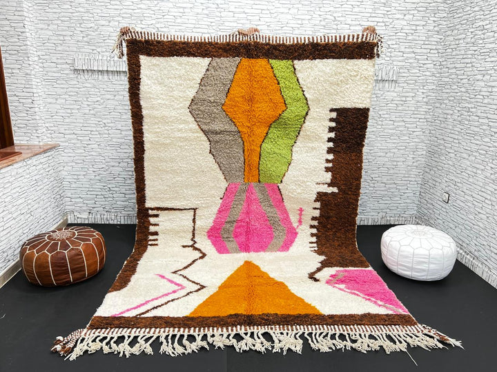 Modern Moroccan Wool Rug – Brown, Pink & Orange Abstract Design