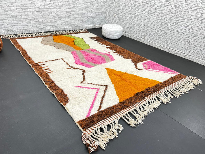 Modern Moroccan Wool Rug – Brown, Pink & Orange Abstract Design