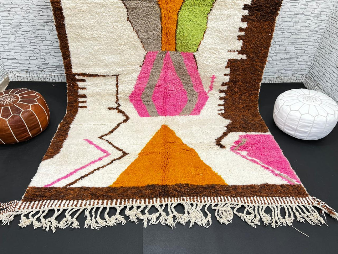 Modern Moroccan Wool Rug – Brown, Pink & Orange Abstract Design