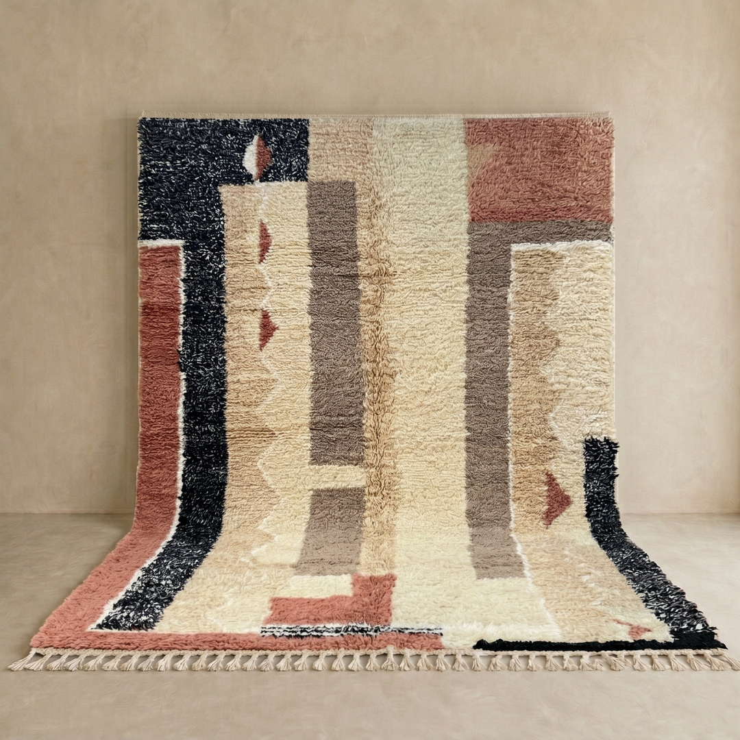 modern moroccan wool rug with abstract earth tone geometric design