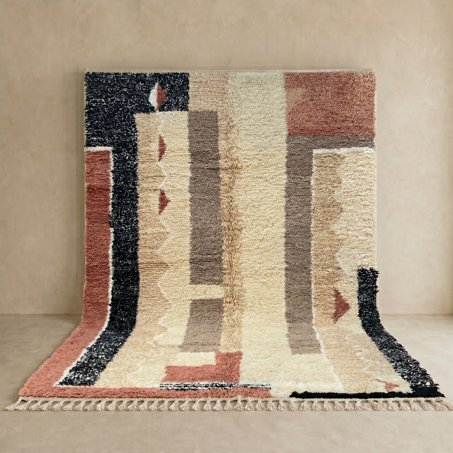 modern moroccan wool rug with abstract earth tone geometric design