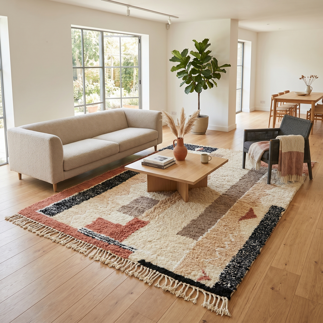 modern moroccan wool rug with abstract earth tone geometric design