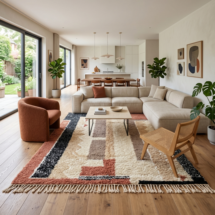 modern moroccan wool rug with abstract earth tone geometric design