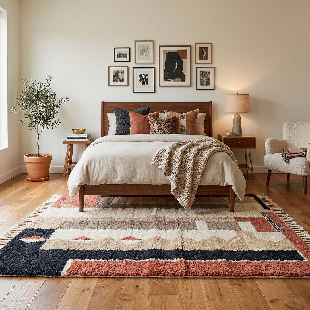 modern moroccan wool rug with abstract earth tone geometric design