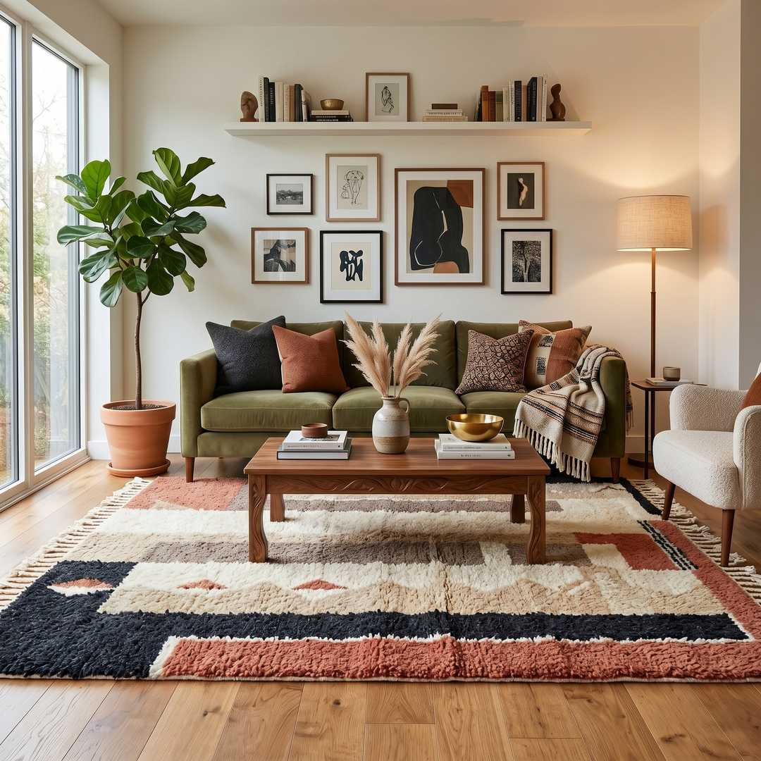 modern moroccan wool rug with abstract earth tone geometric design