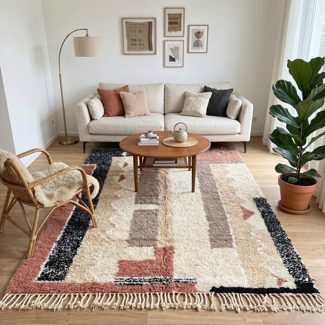 modern moroccan wool rug with abstract earth tone geometric design