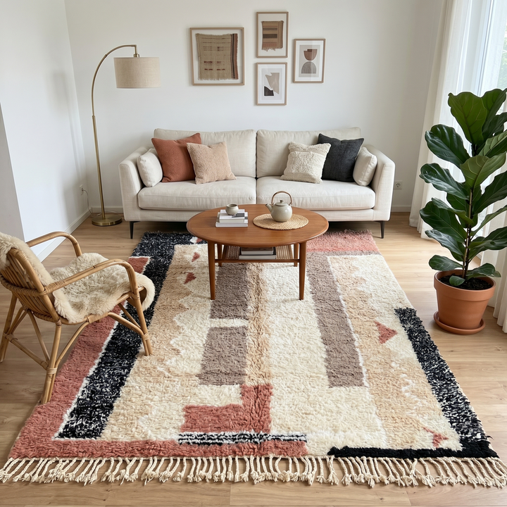 modern moroccan wool rug with abstract earth tone geometric design
