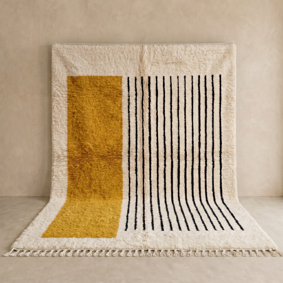 Handmade modern Moroccan wool rug featuring a mustard yellow geometric block, thin black vertical stripes, soft ivory shag pile and traditional fringe edges.
