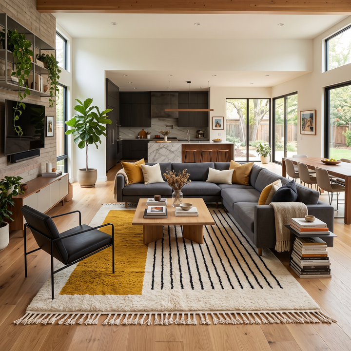 Handmade modern Moroccan wool rug featuring a mustard yellow geometric block, thin black vertical stripes, soft ivory shag pile and traditional fringe edges.