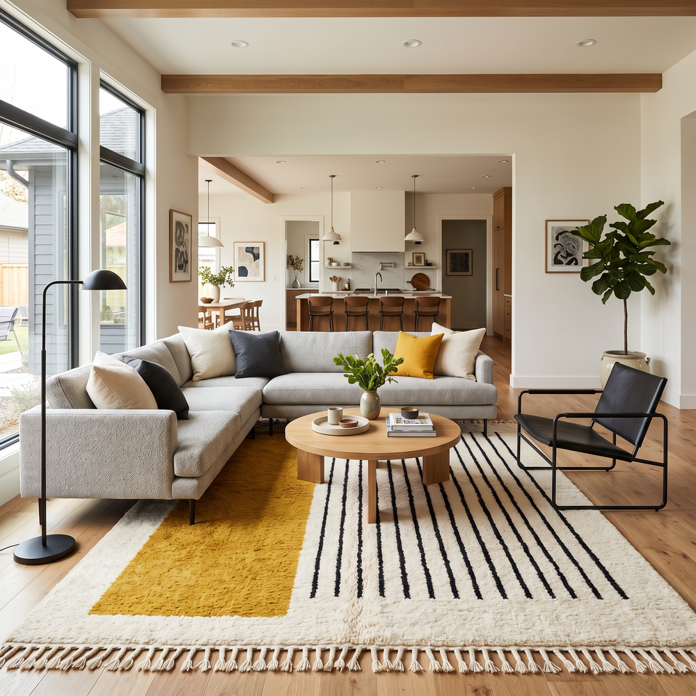 Handmade modern Moroccan wool rug featuring a mustard yellow geometric block, thin black vertical stripes, soft ivory shag pile and traditional fringe edges.