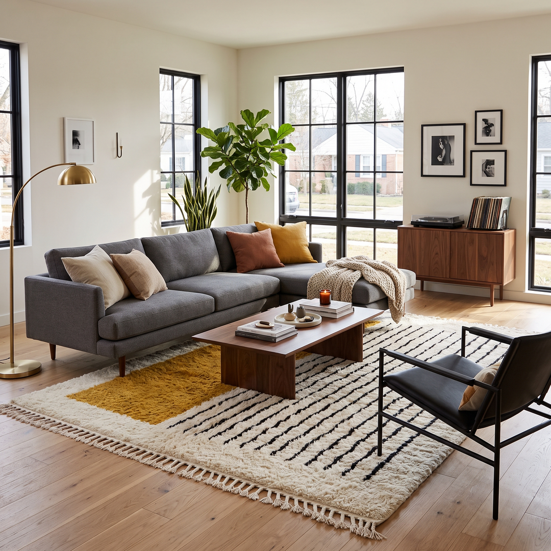 Handmade modern Moroccan wool rug featuring a mustard yellow geometric block, thin black vertical stripes, soft ivory shag pile and traditional fringe edges.