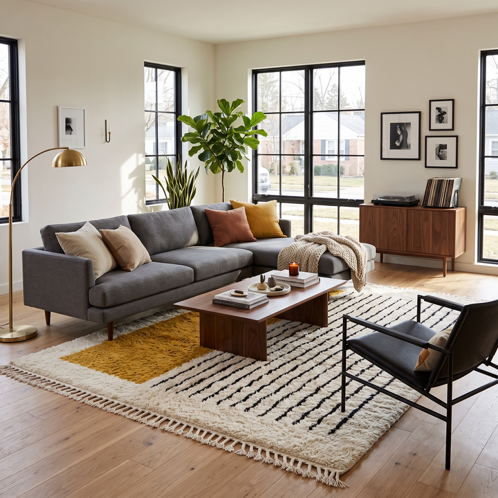 Handmade modern Moroccan wool rug featuring a mustard yellow geometric block, thin black vertical stripes, soft ivory shag pile and traditional fringe edges.