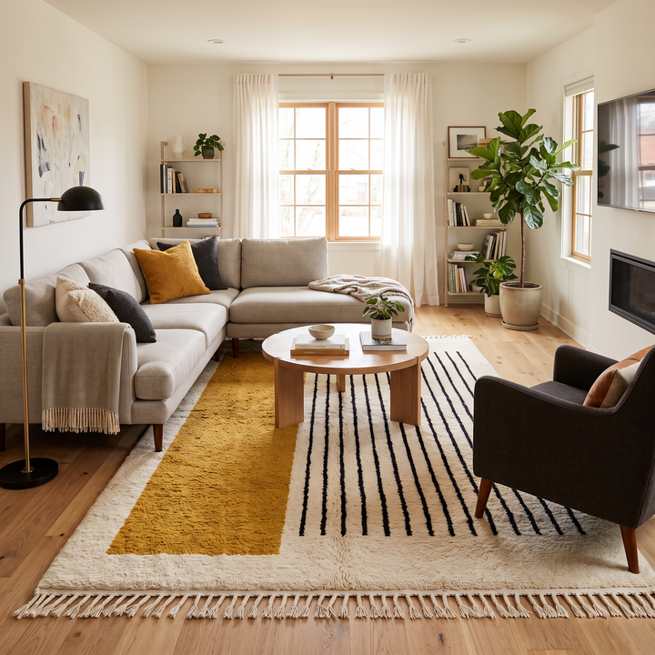 Handmade modern Moroccan wool rug featuring a mustard yellow geometric block, thin black vertical stripes, soft ivory shag pile and traditional fringe edges.