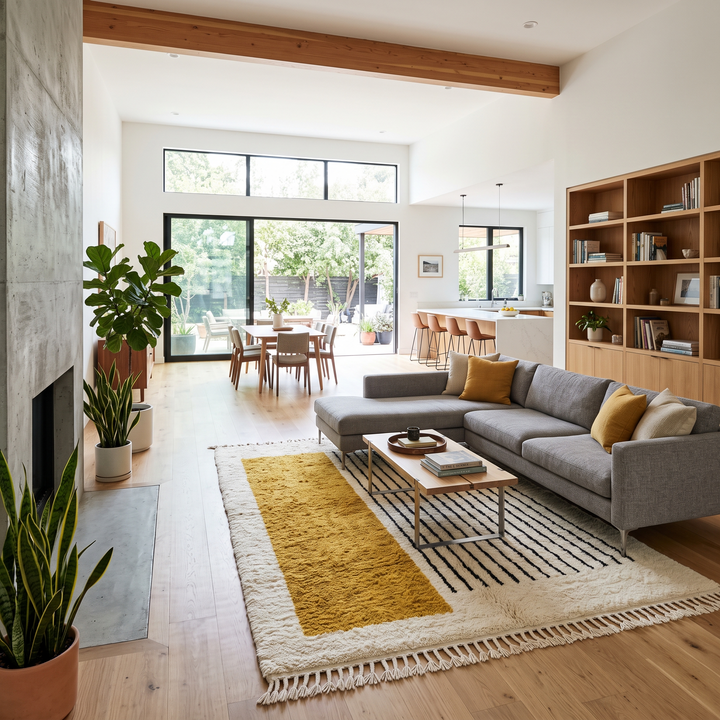 Handmade modern Moroccan wool rug featuring a mustard yellow geometric block, thin black vertical stripes, soft ivory shag pile and traditional fringe edges.
