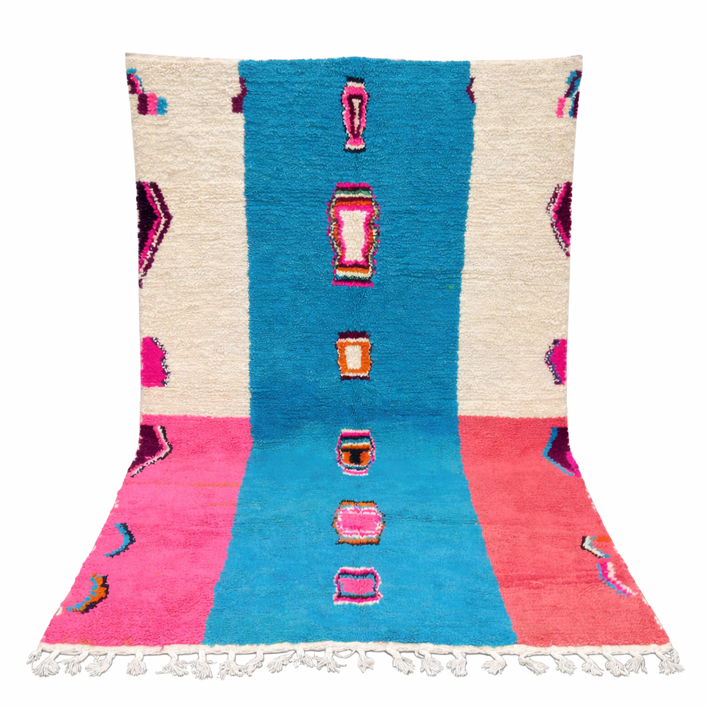 Pink and blue Moroccan wool rug with vertical stripe and abstract Berber motifs