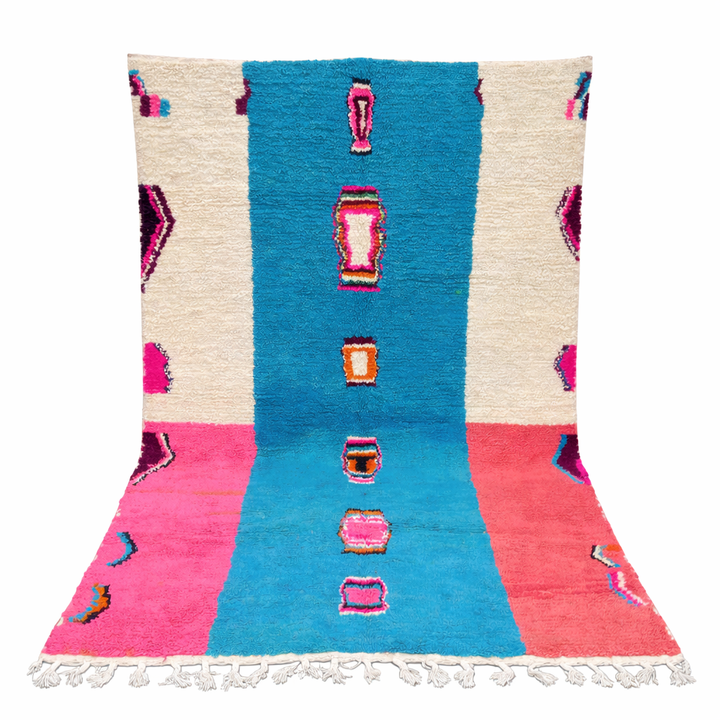 Pink and blue Moroccan wool rug with vertical stripe and abstract Berber motifs
