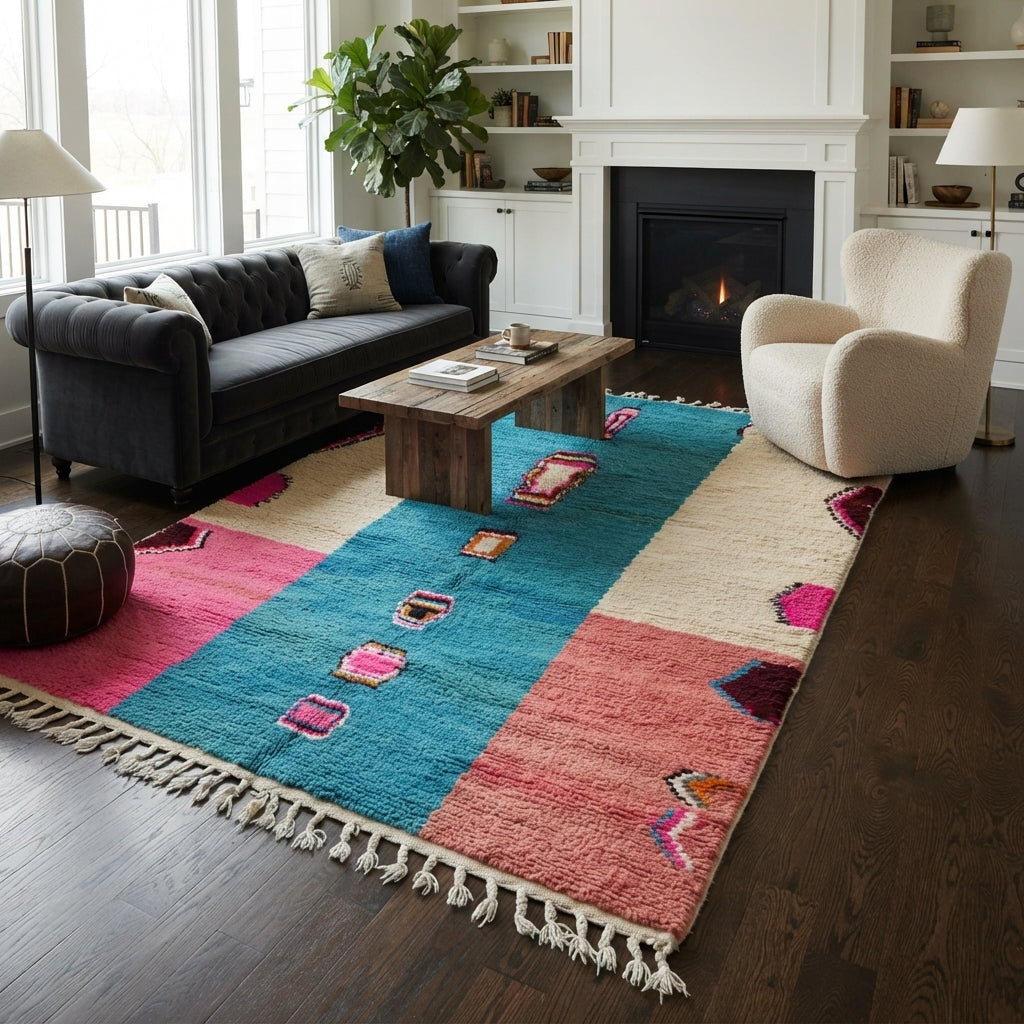 Pink and blue Moroccan wool rug with vertical stripe and abstract Berber motifs
