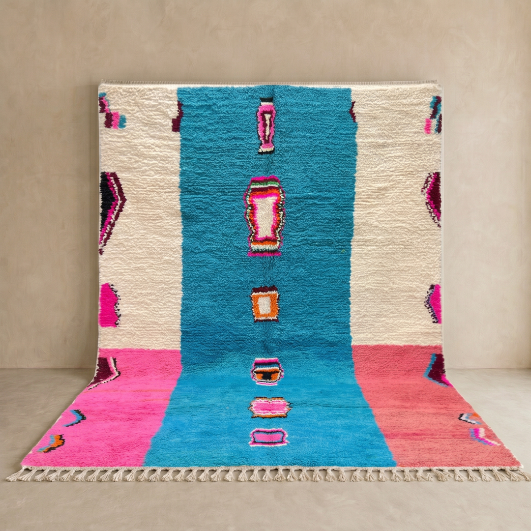 Pink and blue Moroccan wool rug with vertical stripe and abstract Berber motifs

