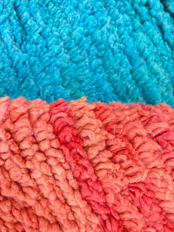 Pink and blue Moroccan wool rug with vertical stripe and abstract Berber motifs