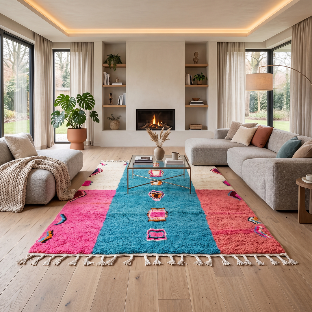 Pink and blue Moroccan wool rug with vertical stripe and abstract Berber motifs
