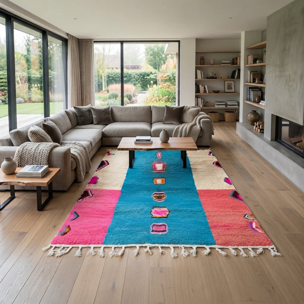 Pink and blue Moroccan wool rug with vertical stripe and abstract Berber motifs
