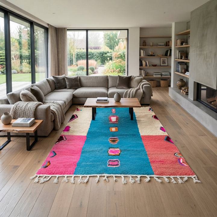 Pink and blue Moroccan wool rug with vertical stripe and abstract Berber motifs
