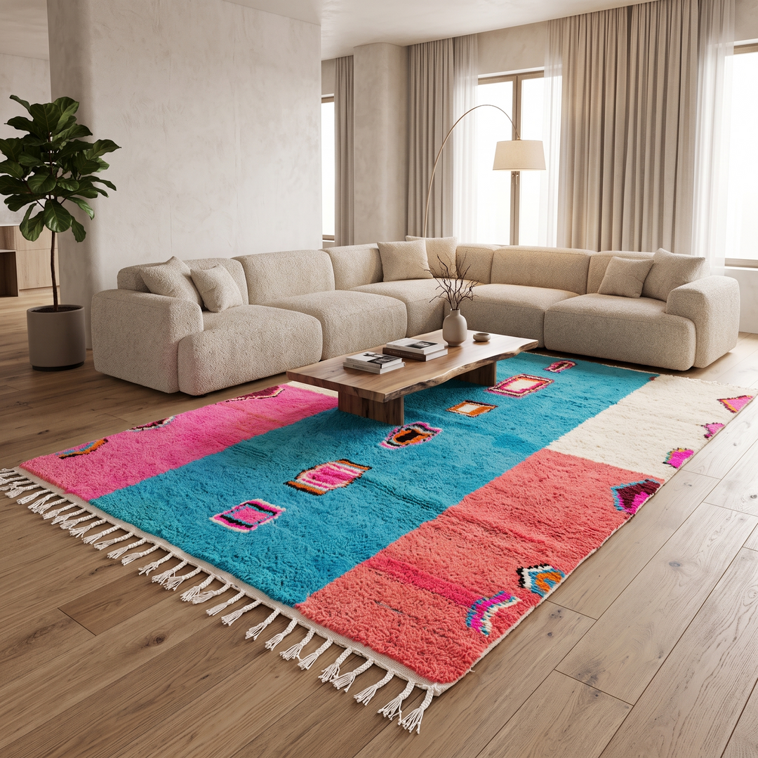 Pink and blue Moroccan wool rug with vertical stripe and abstract Berber motifs
