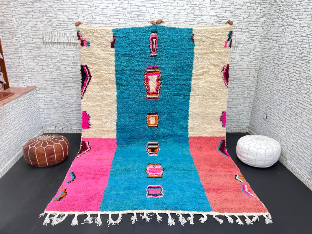 Pink and blue Moroccan wool rug with vertical stripe and abstract Berber motifs