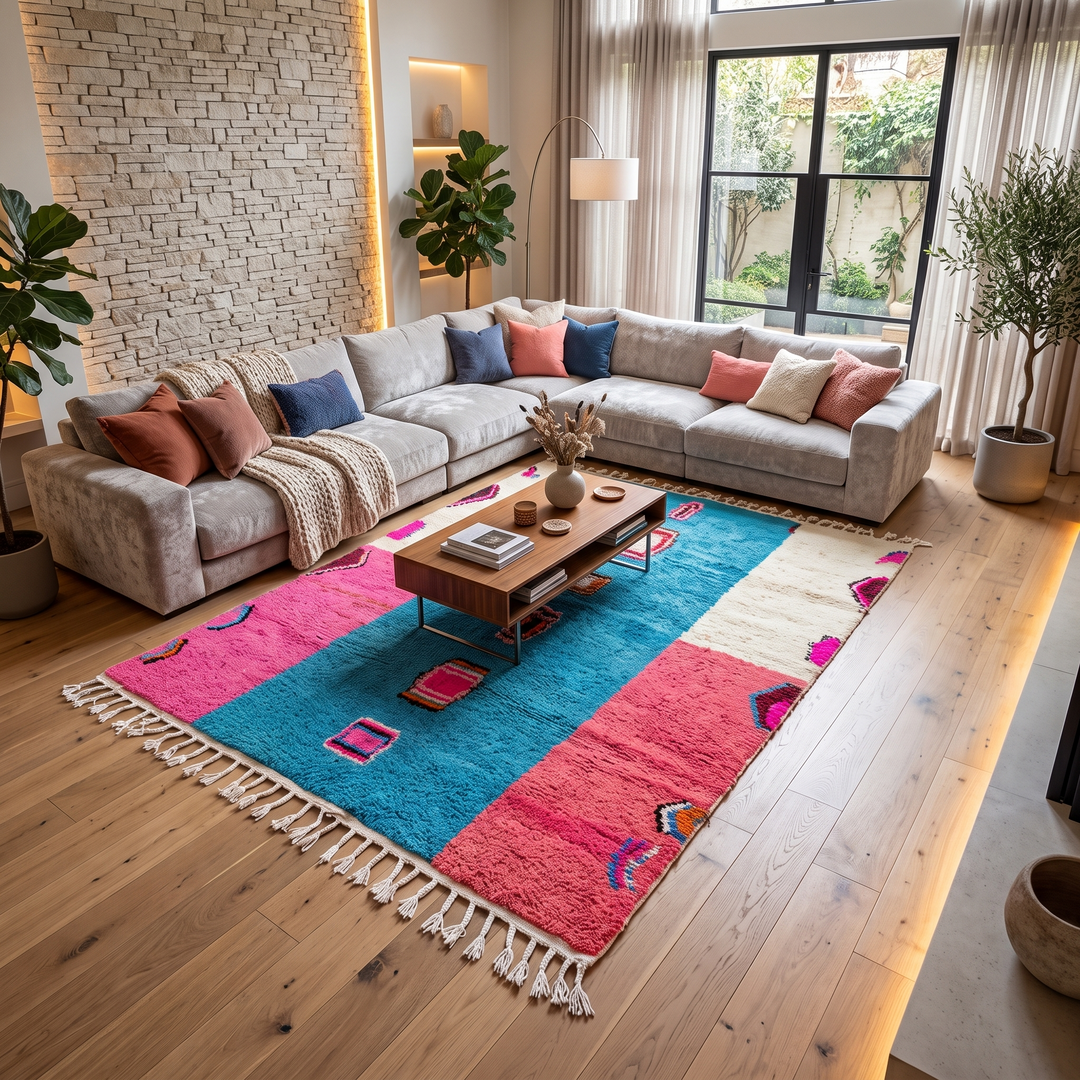 Pink and blue Moroccan wool rug with vertical stripe and abstract Berber motifs
