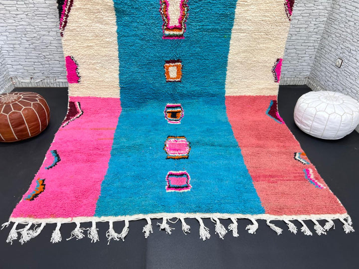 Pink and blue Moroccan wool rug with vertical stripe and abstract Berber motifs