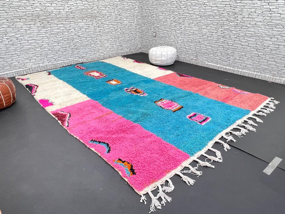 Pink and blue Moroccan wool rug with vertical stripe and abstract Berber motifs