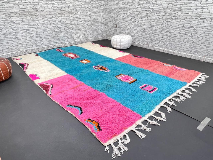 Pink and blue Moroccan wool rug with vertical stripe and abstract Berber motifs