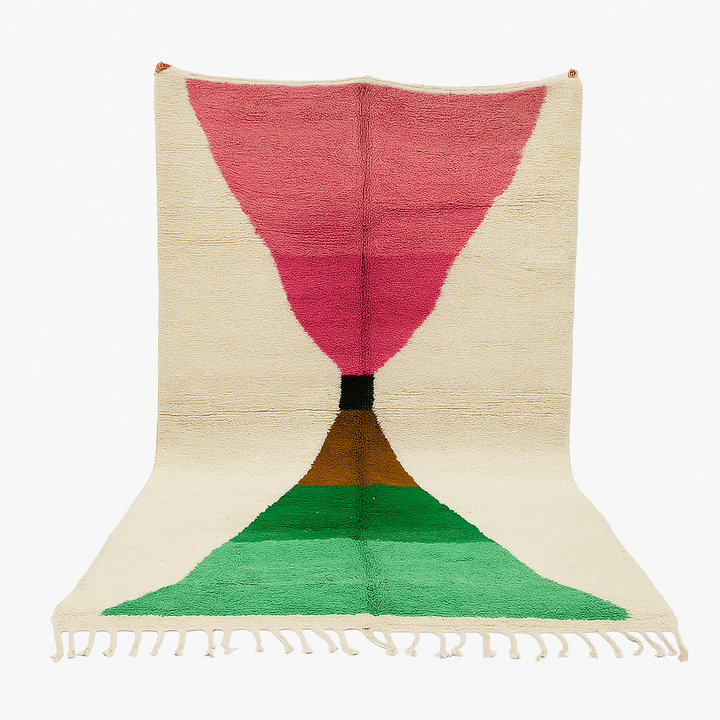 Modern Moroccan wool rug with pink and green hourglass geometric design, handmade by Berber artisans