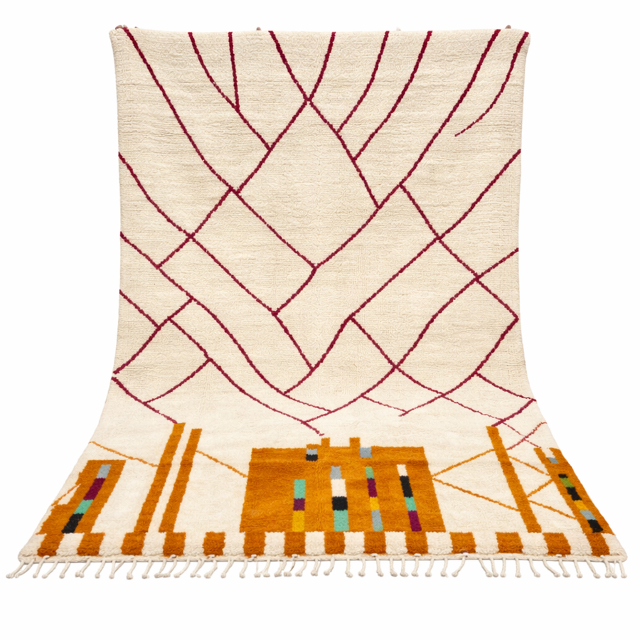 Modern Moroccan wool rug with abstract burgundy lines and golden geometric pattern on a white background