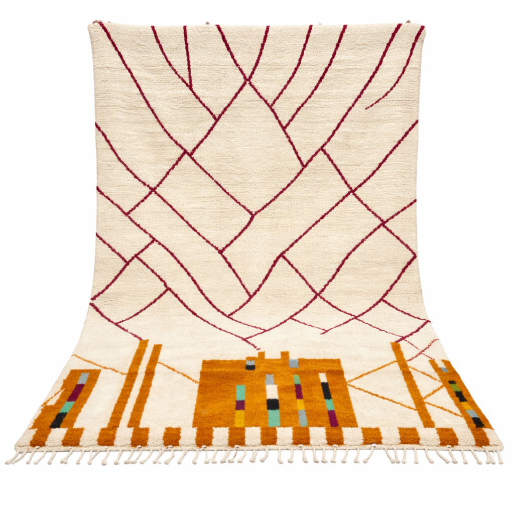 Modern Moroccan wool rug with abstract burgundy lines and golden geometric pattern on a white background